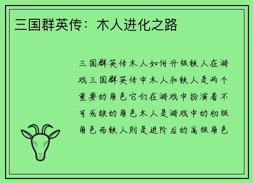 三国群英传：木人进化之路